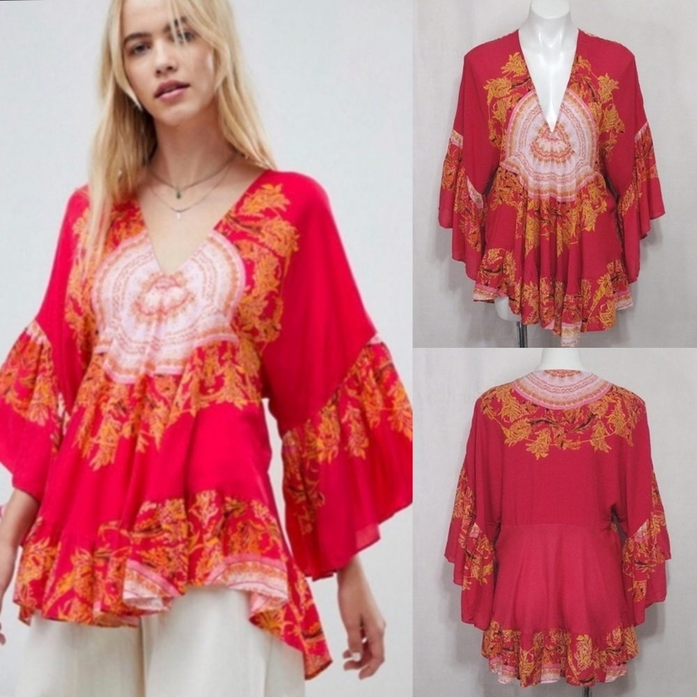 Free People XS V-Neck Ruffled Flowy Boho Tunic Top Flare Bell Sleeve Oversized